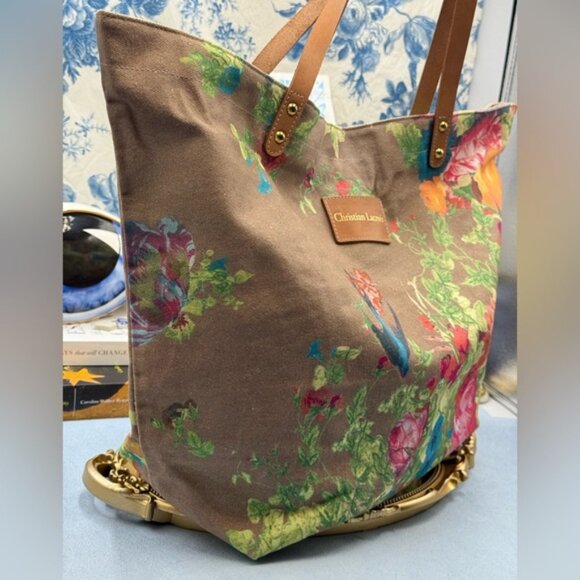 🆕 CHRISTIAN LACROIX 🧿 NWOT Shopping Tote Eden 1 Printed Canvas Taupe & Florals - Picture 6 of 16